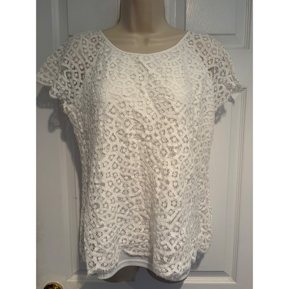 Laffaire Tops - Laffaire White Floral Lace Short Sleeve Lined Blouse Top Size M Boho Romantic